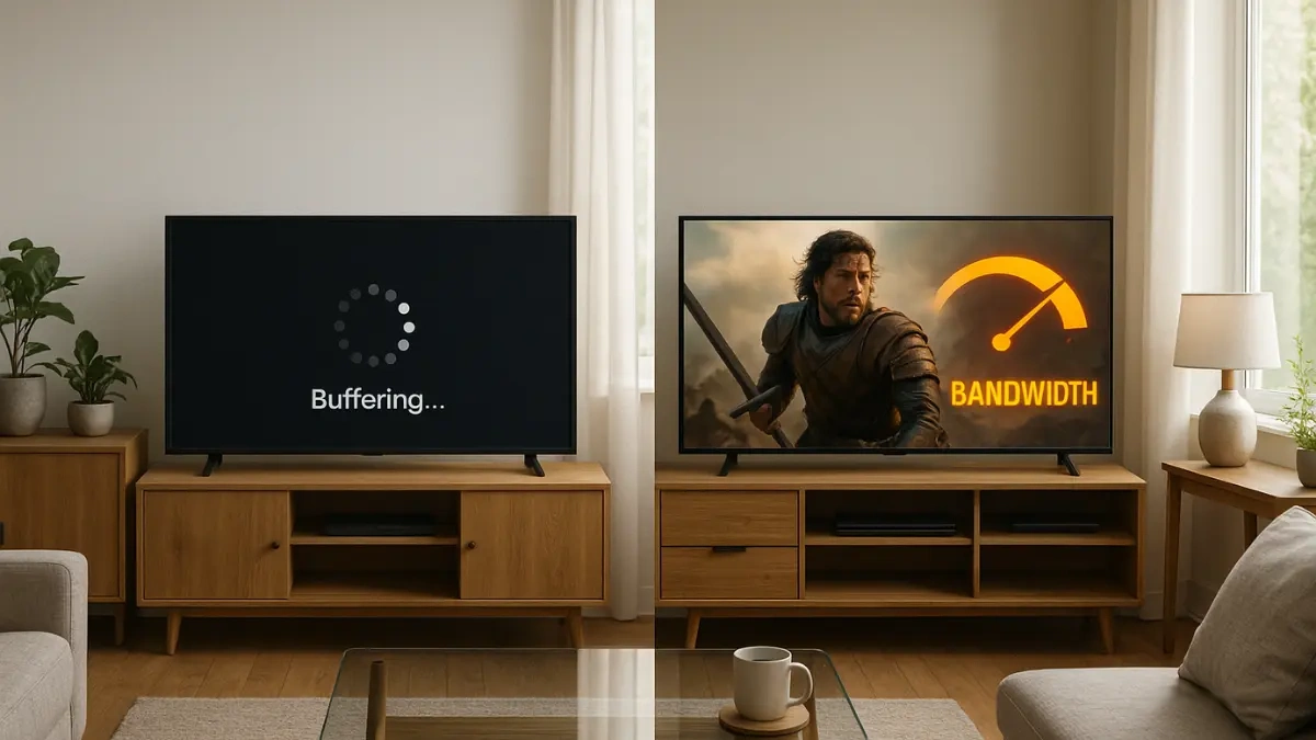 Glasfaser vs. Kabel – Fernseher zeigt Ladezeichen beim Streamen.